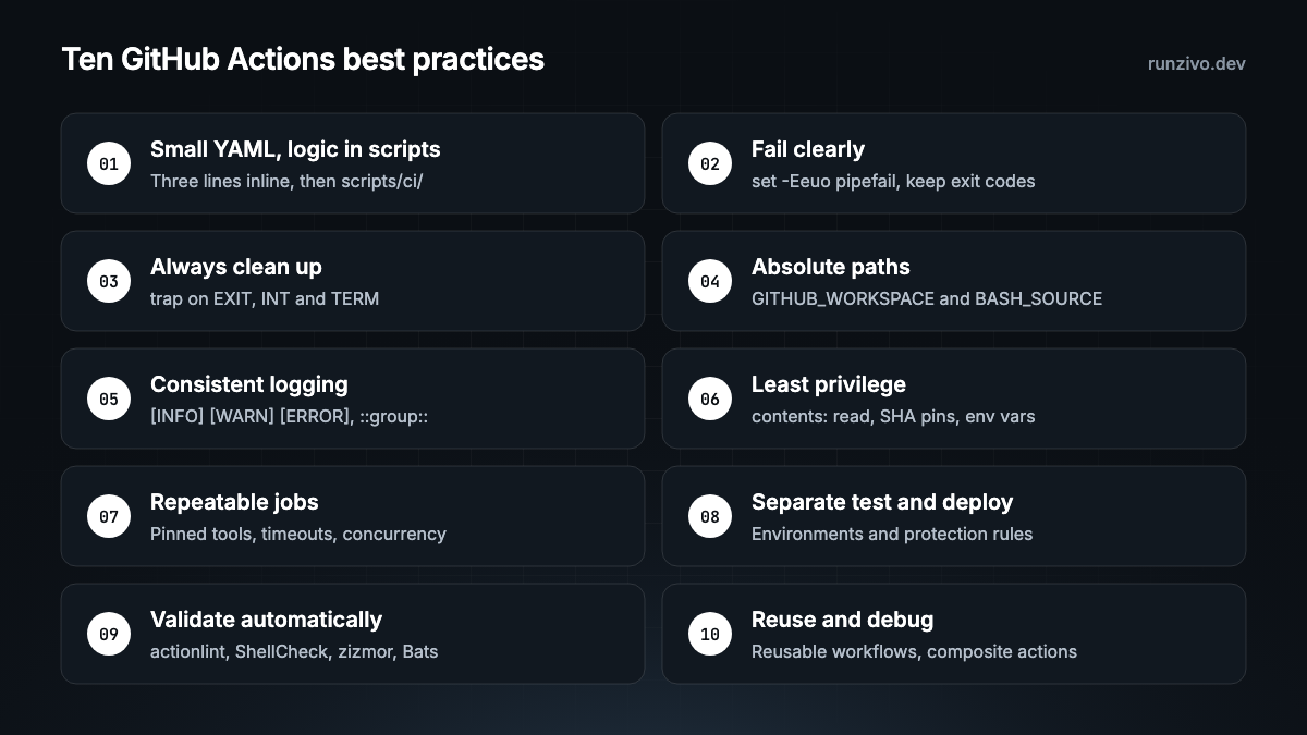 Ten numbered cards: small YAML with logic in scripts; fail clearly; always clean up; absolute paths; consistent logging; least privilege; repeatable jobs; separate test and deploy; validate automatically; reuse and debug.